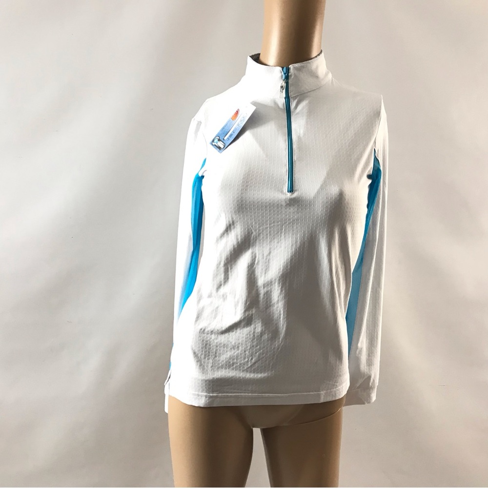 White and Light Blue Long-Sleeve Zip-Front Performance Top